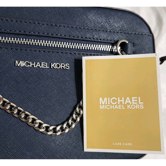 Michael Kors Jet Set Large Logo Saffiano Leather Crossbody Bag W Chain Navy NWT - Picture 3 of 12